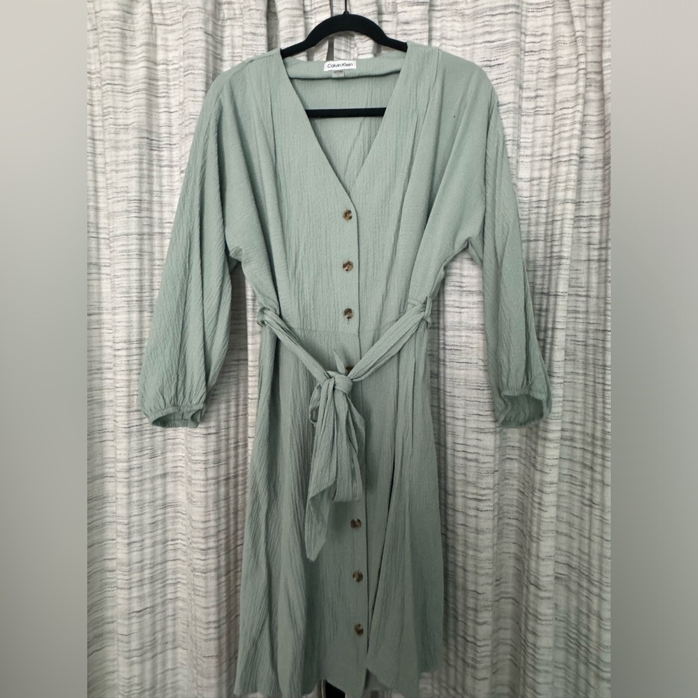Calvin Klein 3/4 Puffy Sleeve Button Front Knee Length Belted Dress